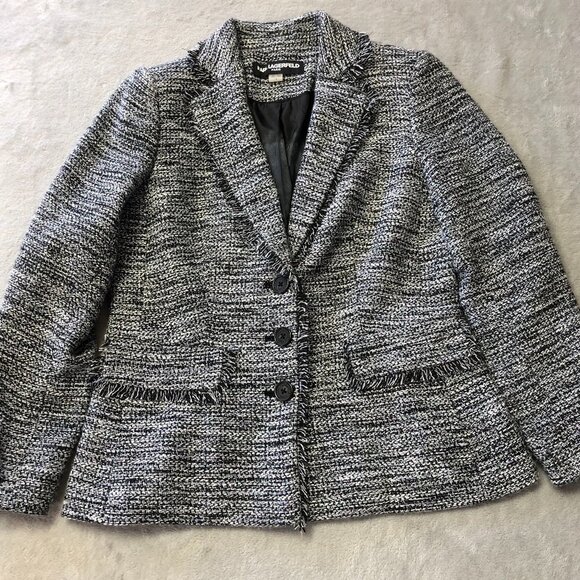 Karl Lagerfeld Paris Tweed Pattern Fringe Blazer - Picture 3 of 14